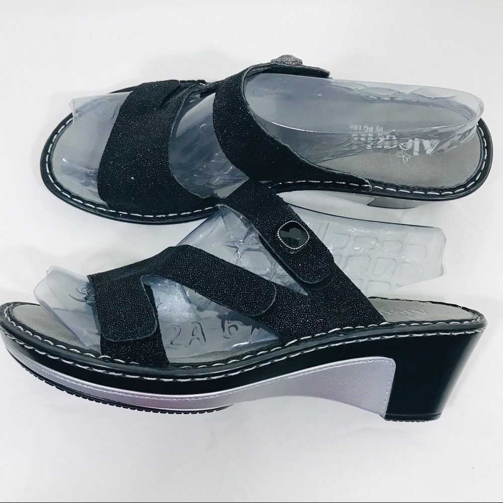 Alegria Gluttery black leather wedge sandals 10.5